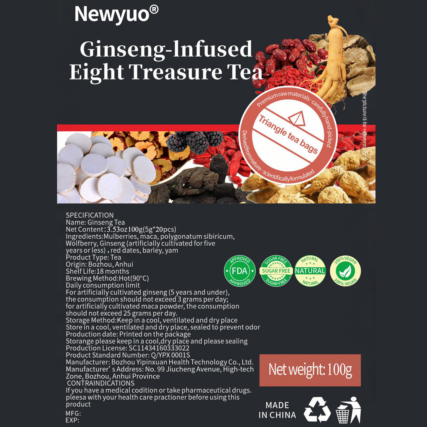 【✨Recharge Your Vitality】💎Newyuo® Ginseng Five Treasure Tea丨Chinese Herbal Formula(Maintain Kidneys, Regulate qi and blood, Replenish Energy&Promote the body to filter toxins)