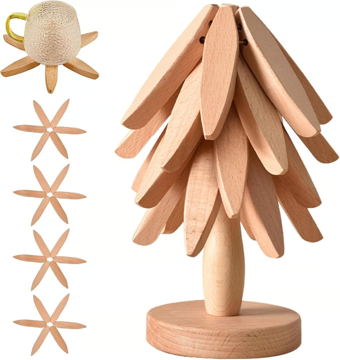 đ„Christmas Early Discount 49% OffâšNatural Tree Trivet Set - 4 Wooden Trivets & 1 Stand Like a Christmas Tree