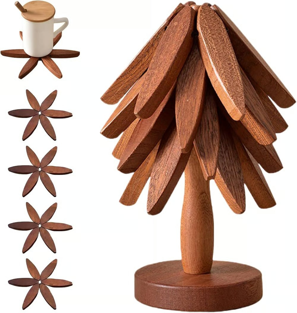đ„Christmas Early Discount 49% OffâšNatural Tree Trivet Set - 4 Wooden Trivets & 1 Stand Like a Christmas Tree