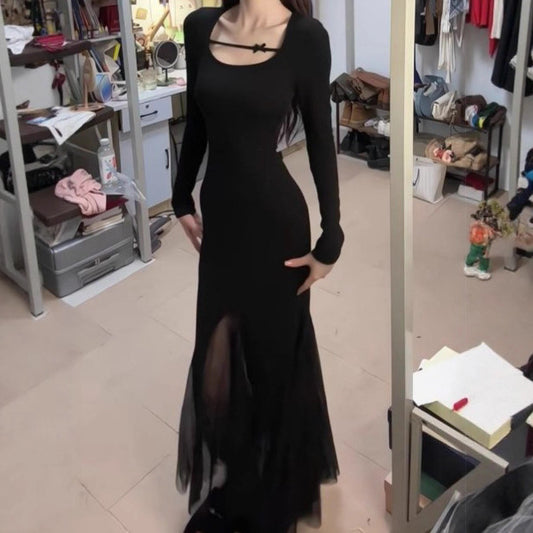 Ugly Black Fish Tail Dress French Style Lace Long Dress