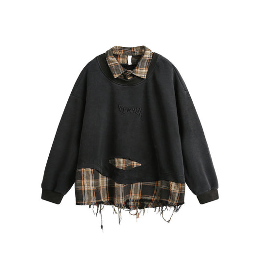 Checkered splicing fake two-piece hoodie