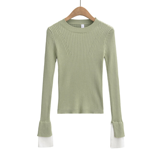 Round neck cuffs color blocked elastic slim fit sweater