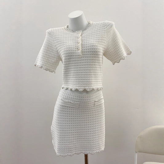 Chic Vintage Hollow Beaded Lace White Knit Top + Skirt Set