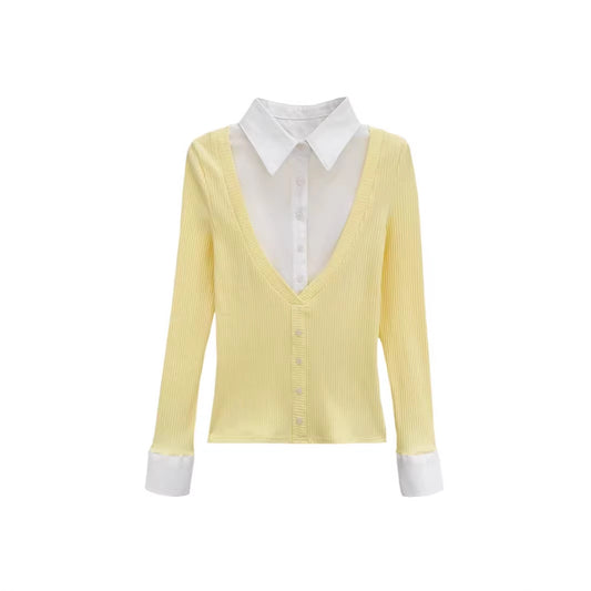 Fake Two-Piece Knit Shirt V-Neck Blouse Layered Fitted Slim Fit Tunic Top