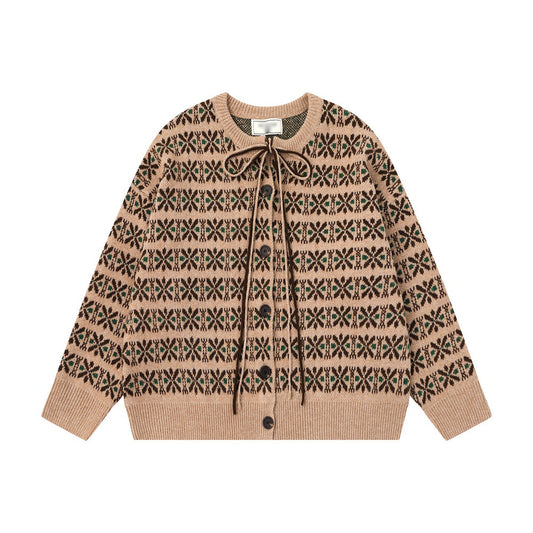 Rice jacquard round neck cardigan sweater